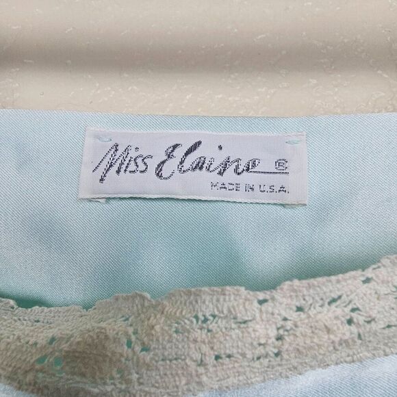 Miss Elaine Vintage Blue Green Satin Nylon Maxi Nightgown Lace Floral Women L - Picture 7 of 16